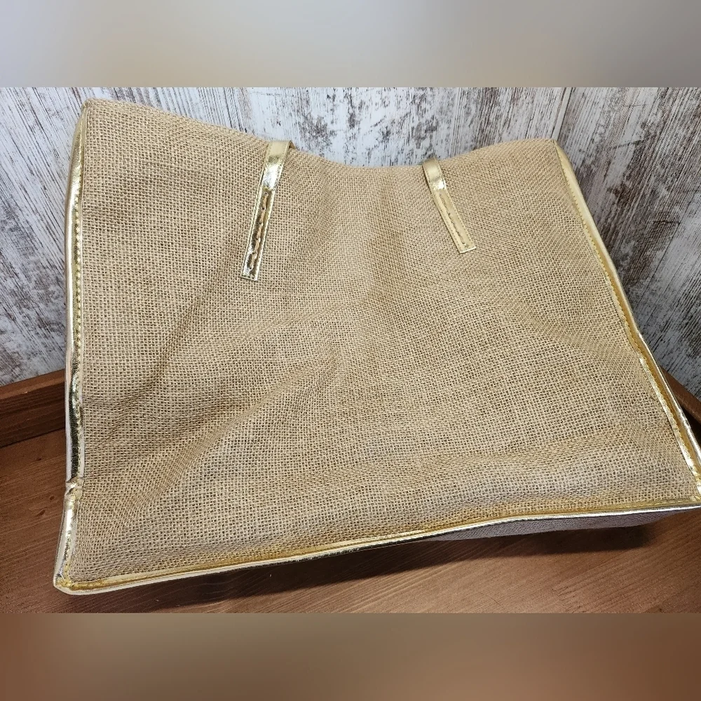 Tan Burlap with Gold Trim & Handles With Letter 